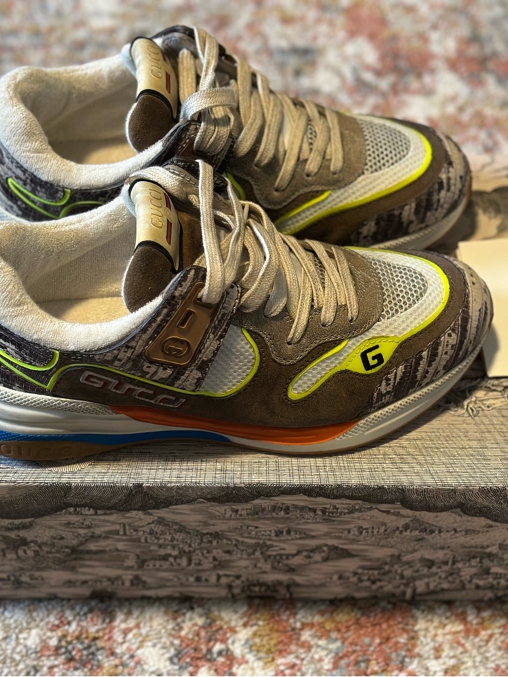 Gucci Beige, White and Neon Yellow Mixed-Material Sneakers - Picture 4 of 6